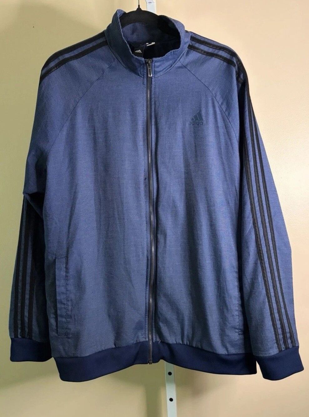 Adidas Mens Navy Light Woven Cotton Blend Essentials 3 Stripe Track Jacket Sz L